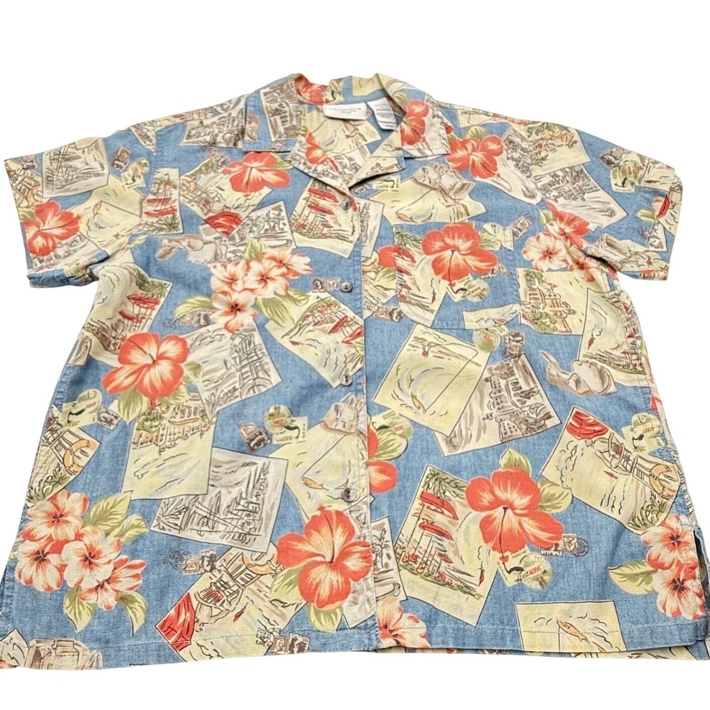 Liz Claiborne Lizwear Jeans Petite Tropical Postcard Hibiscus‎ Shirt LWPU3875
